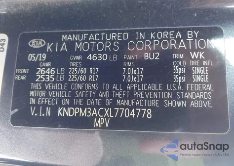 2020 Kia Sportage Lx z USA, uszkodzony, nr VIN KNDPM3ACXL7704778